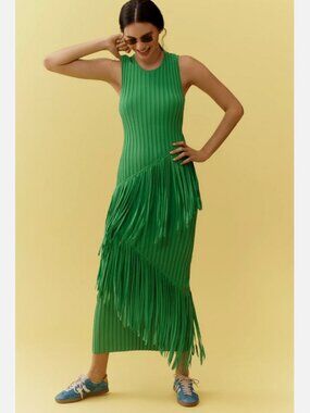 SIMON MILLER Spiral Knit Fringe Bodycon Maxi Dress Green S NWT Anthropologie